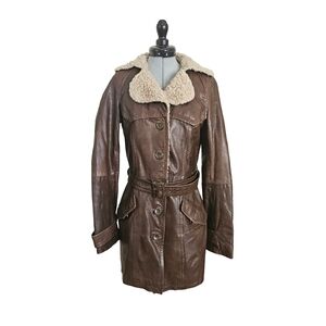 Vintage Brown Leather Danier Jacket with Sherpa Collar and Leather Belt
